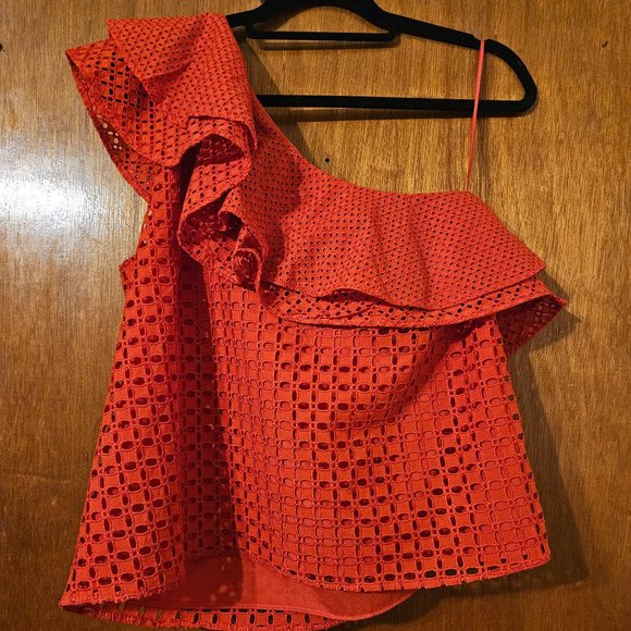 J. Crew Women's One Shoulder Short Flutter Sleeve Eyelet Top - Picture 4 of 6